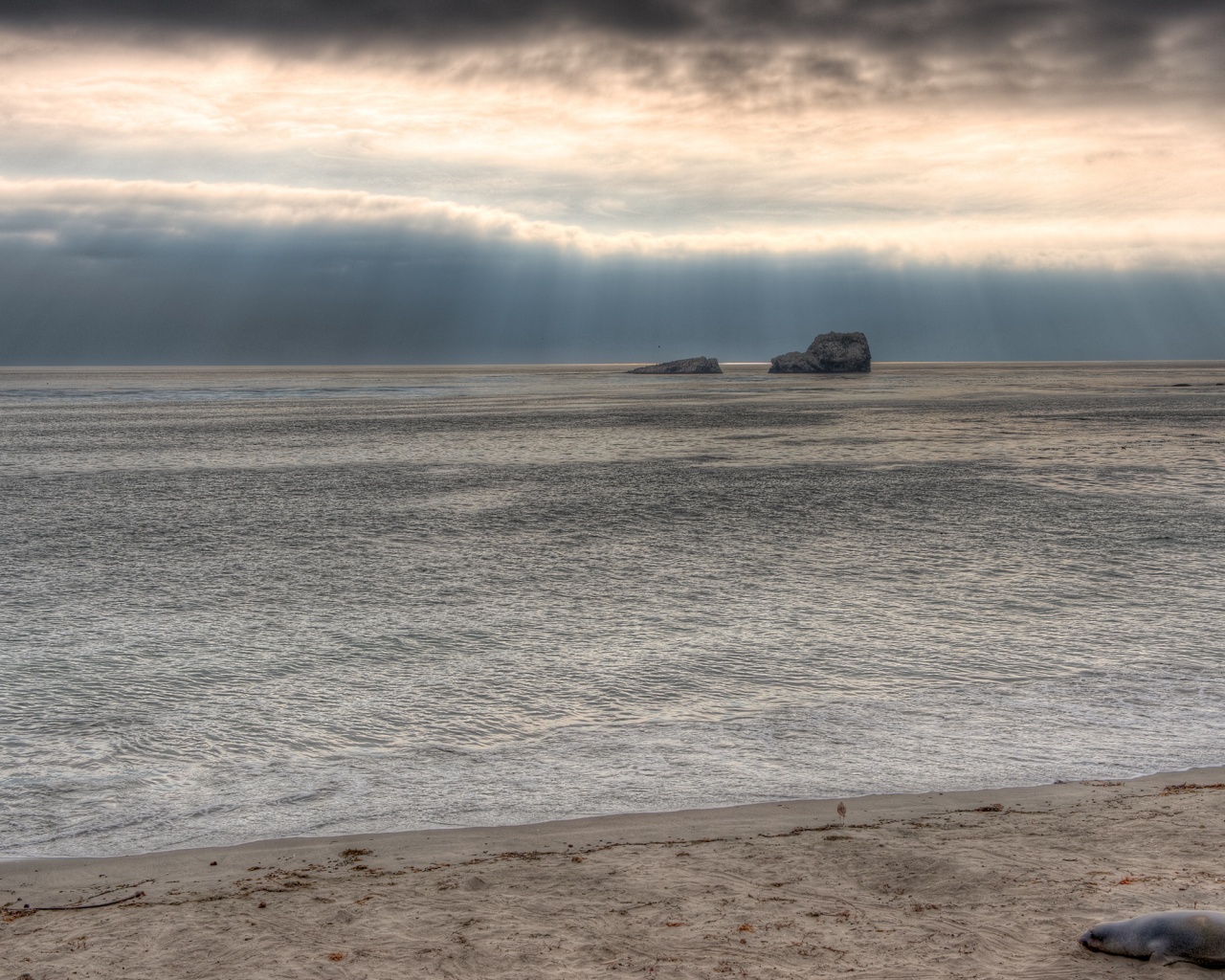 Пляж на фоне светящегосы неба обои