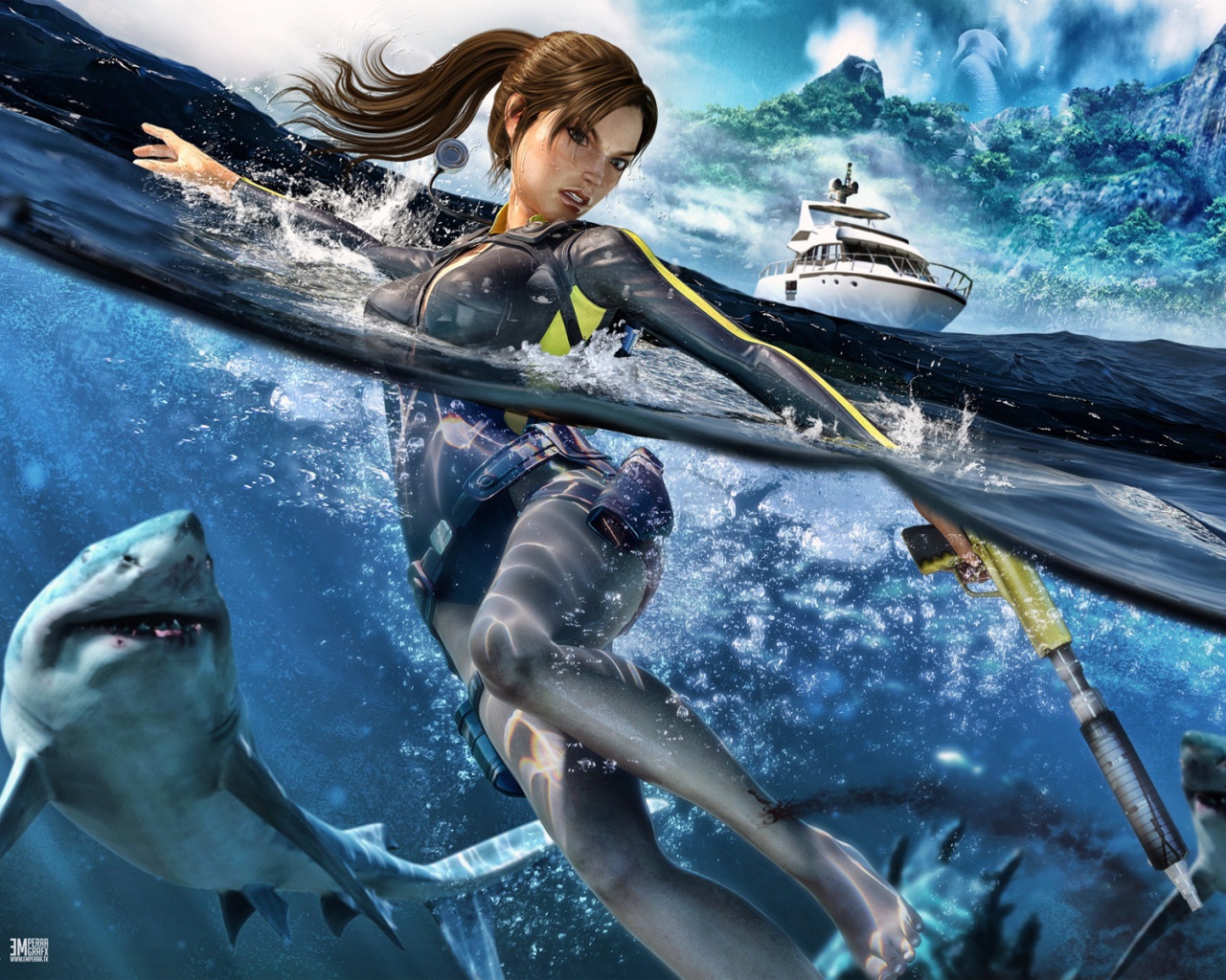 Лара Крофт против акул обои