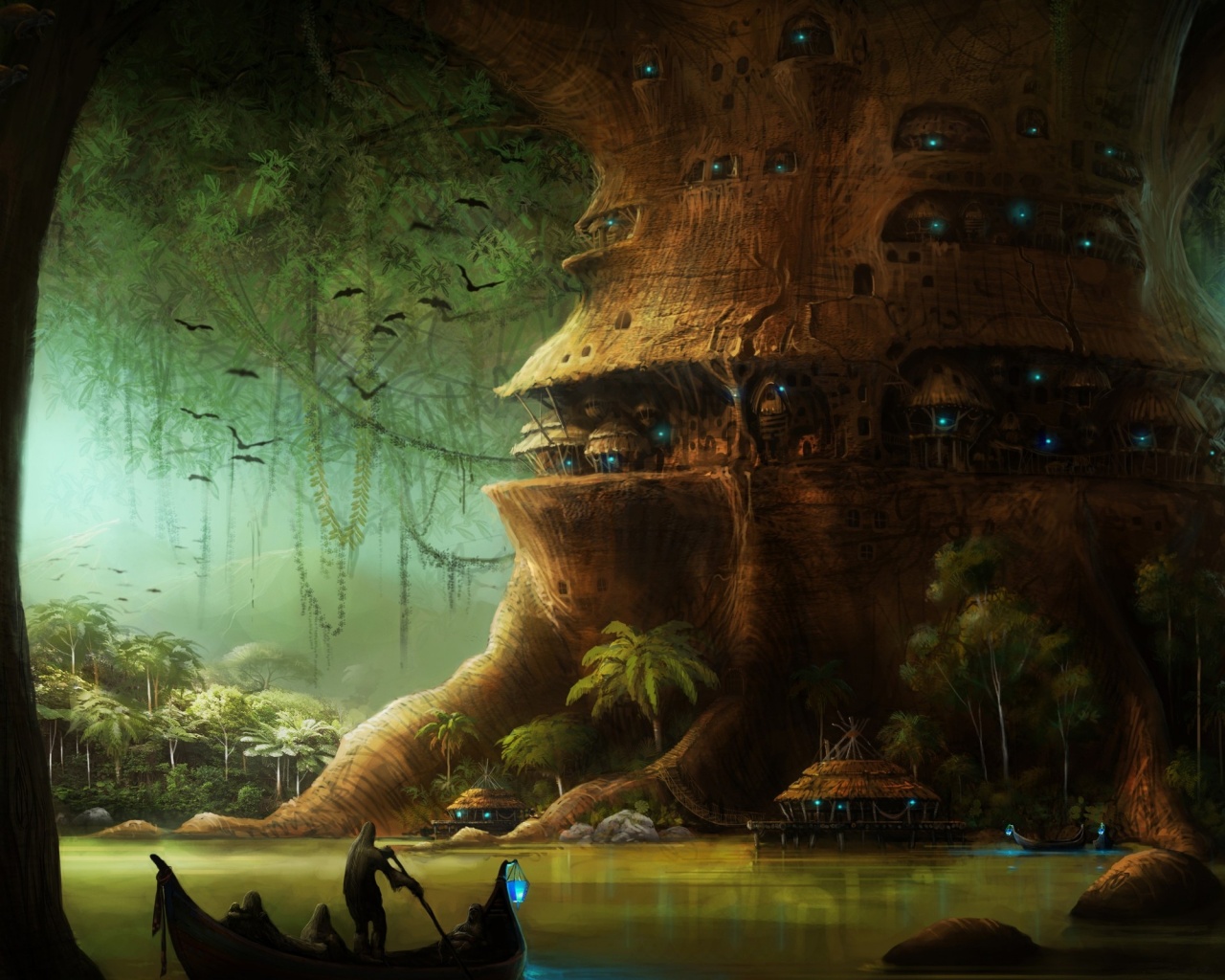 Город в стволе дерева обои