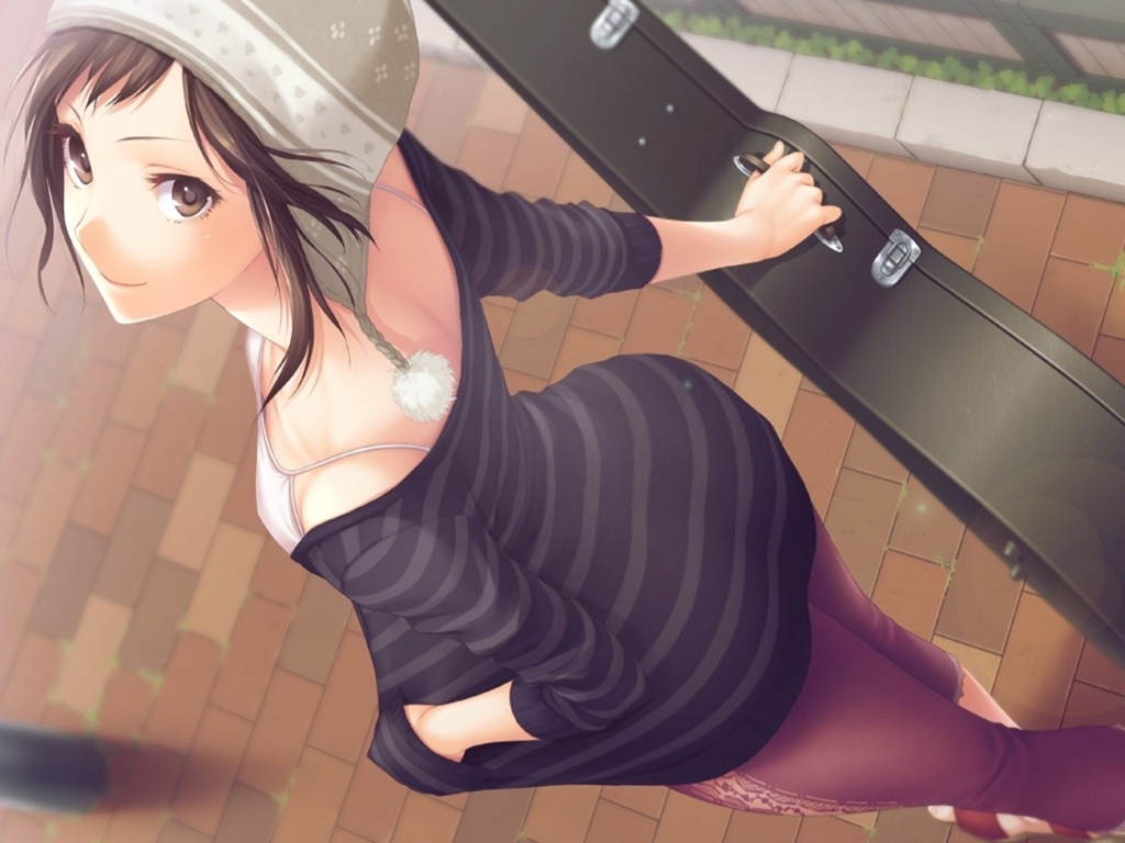 Девушка с гитарным чехлом обои