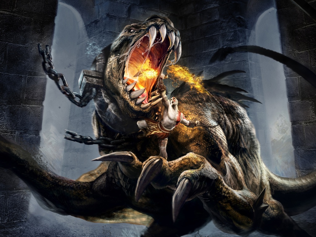 Кратос против динозавра обои