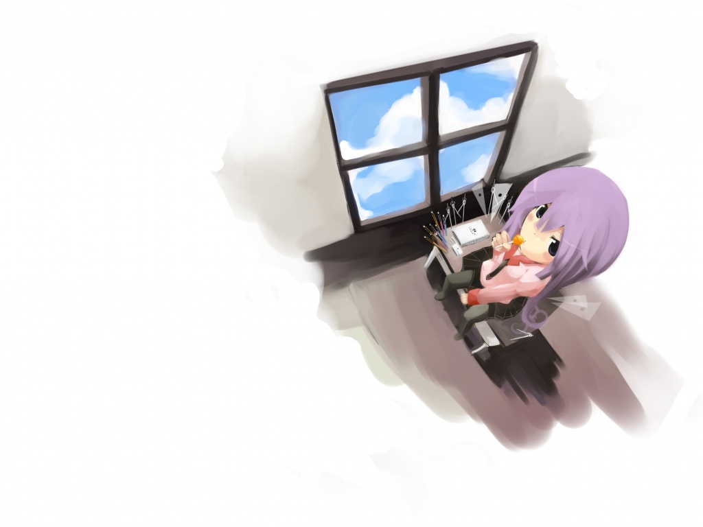 Школница с конфетой у окна обои