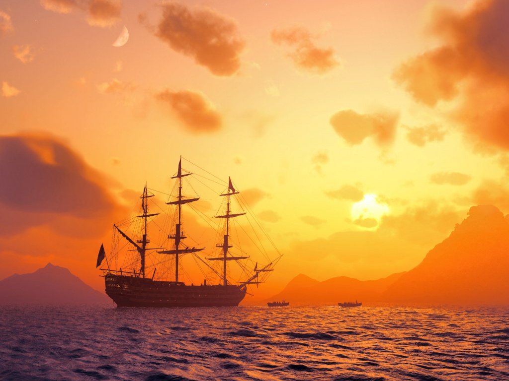 Трехпалубный парусный корабль на закате обои