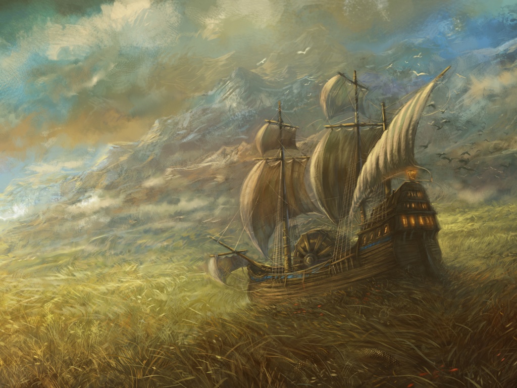 Корабль в море травы обои