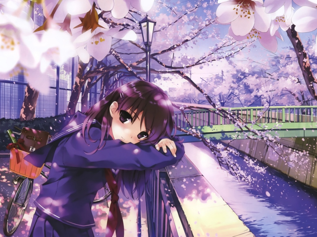 Девушка среди лепестков сакуры обои