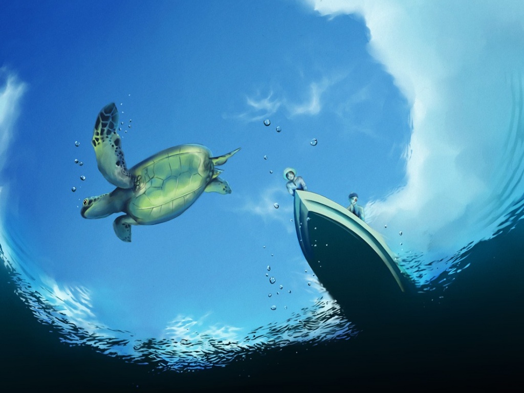 Катер и водная черепаха обои