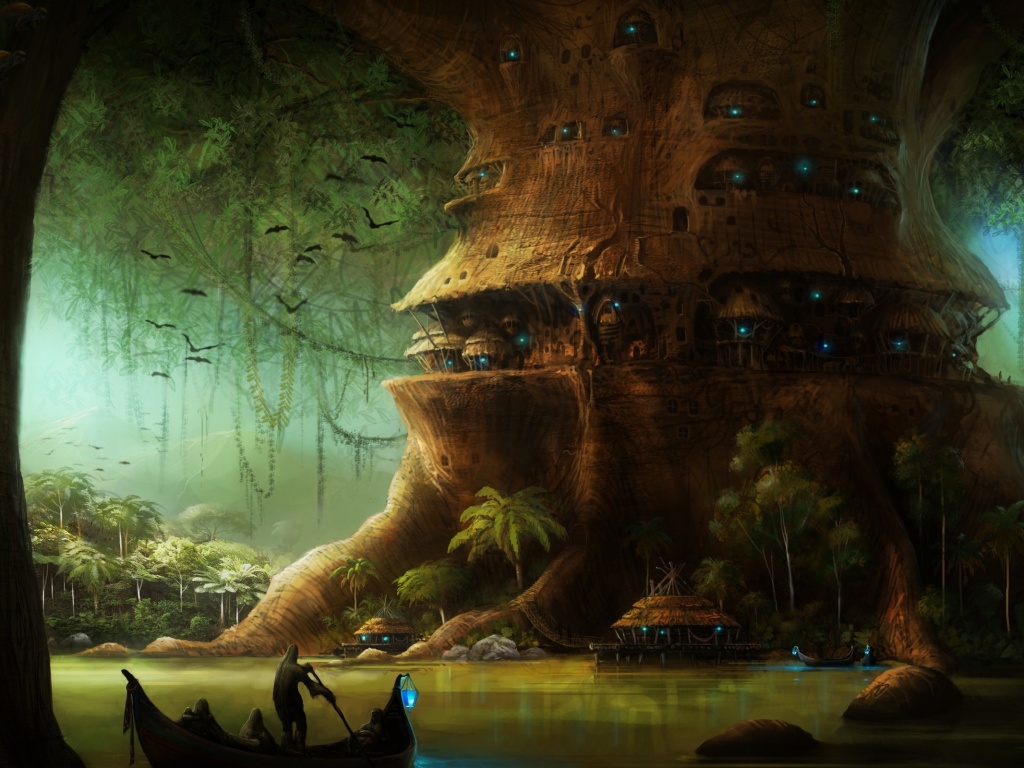 Город в стволе дерева обои