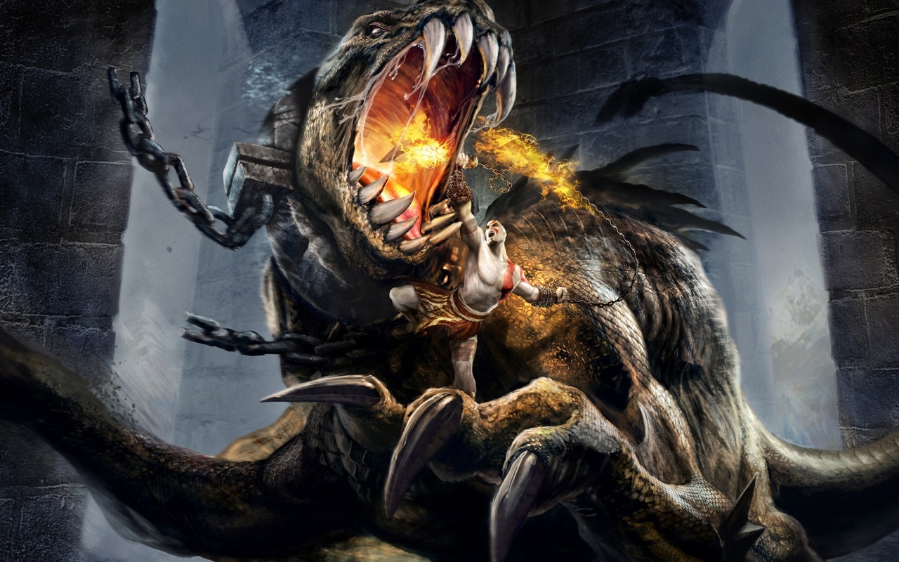 Кратос против динозавра обои