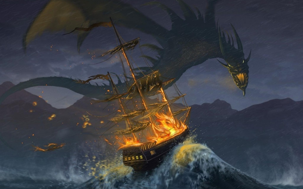 Дракон нападает на корабль обои