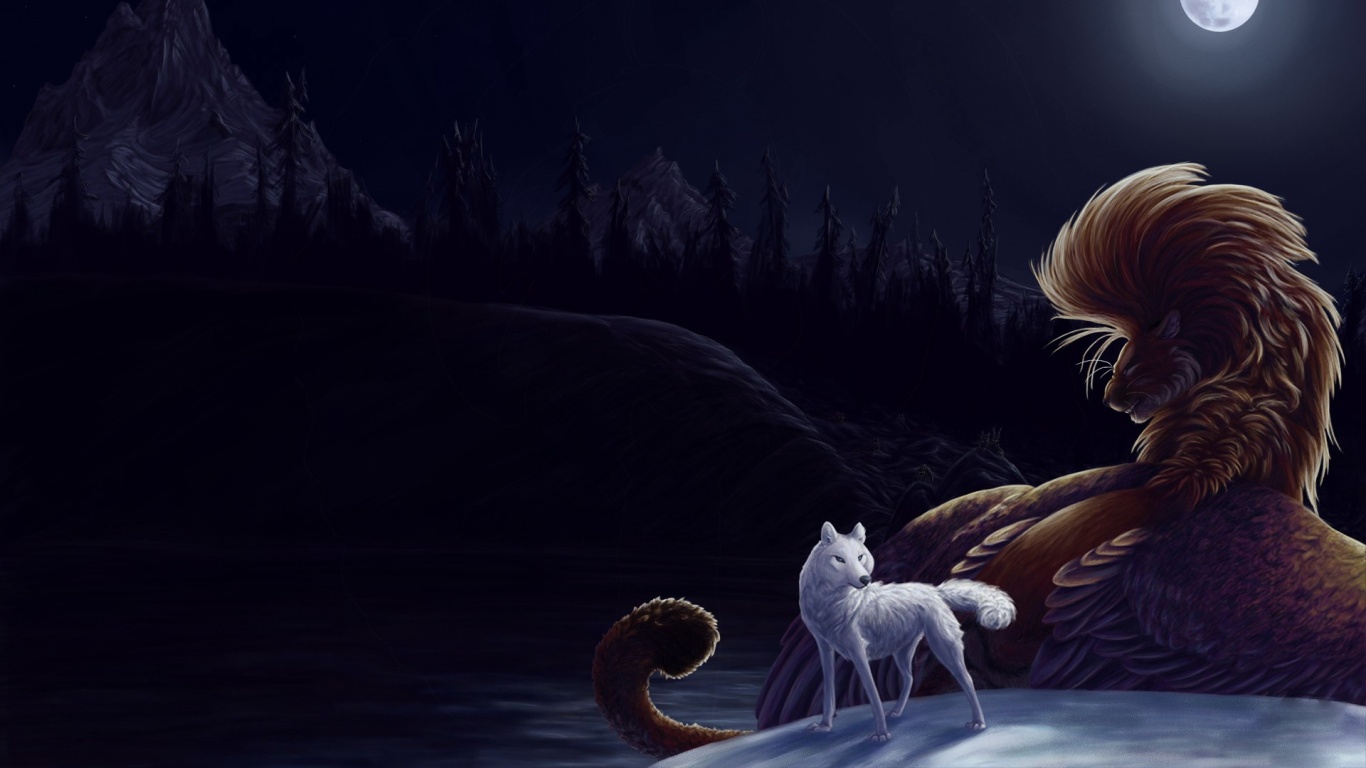 Волк и лев при луне обои