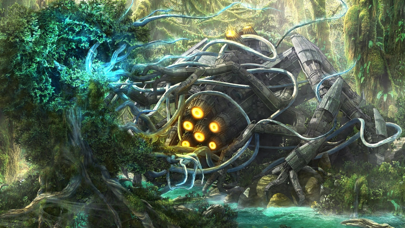 Космический корабль в джунгялх обои