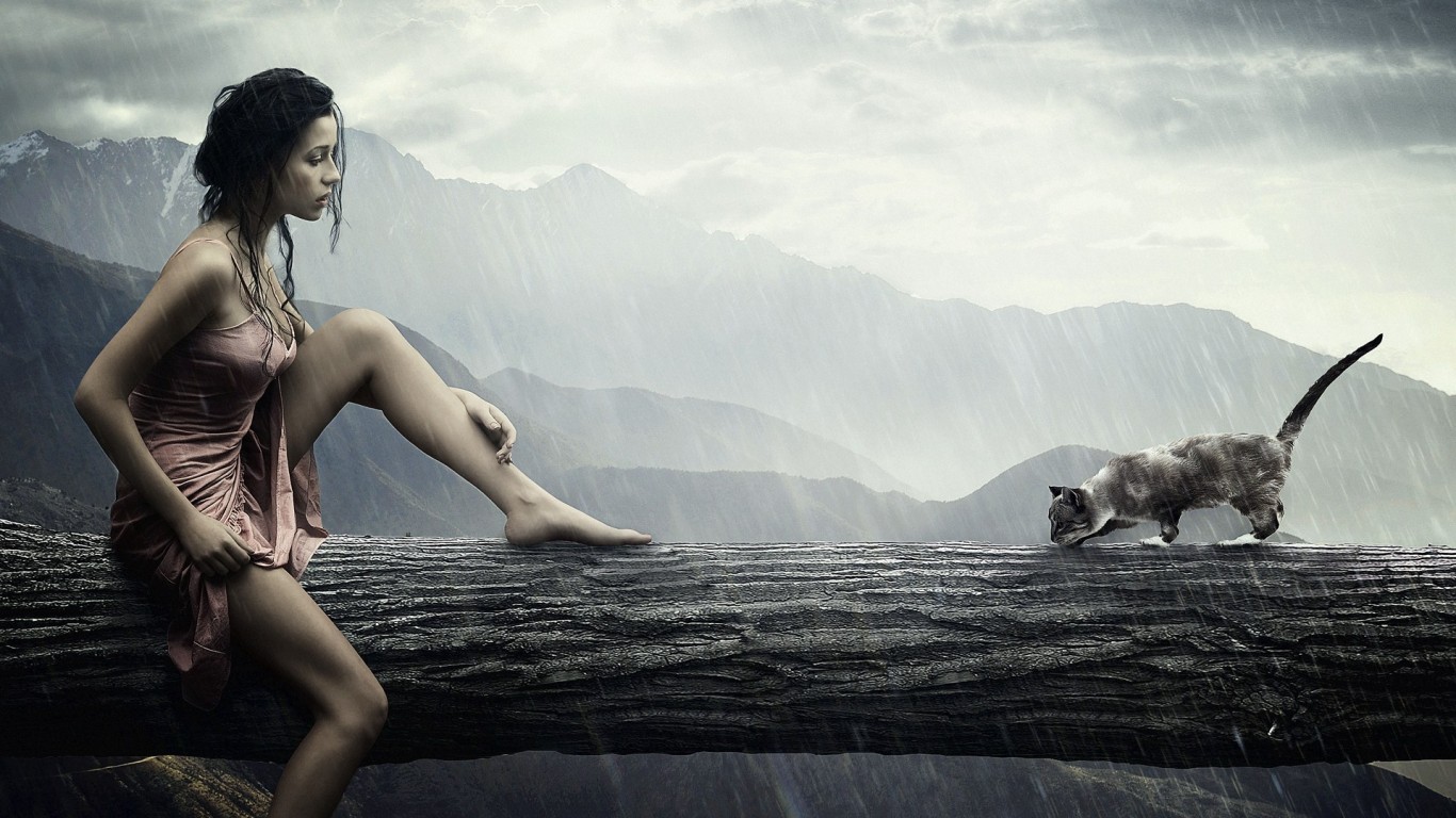 Девушка и кошка обои