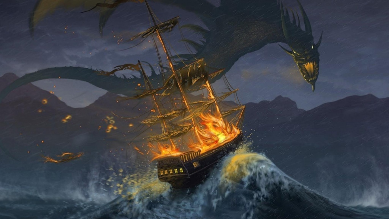 Дракон нападает на корабль обои