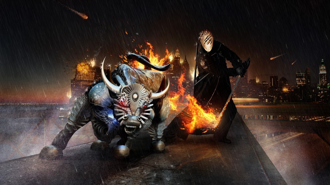 Воин и бык на крыше обои