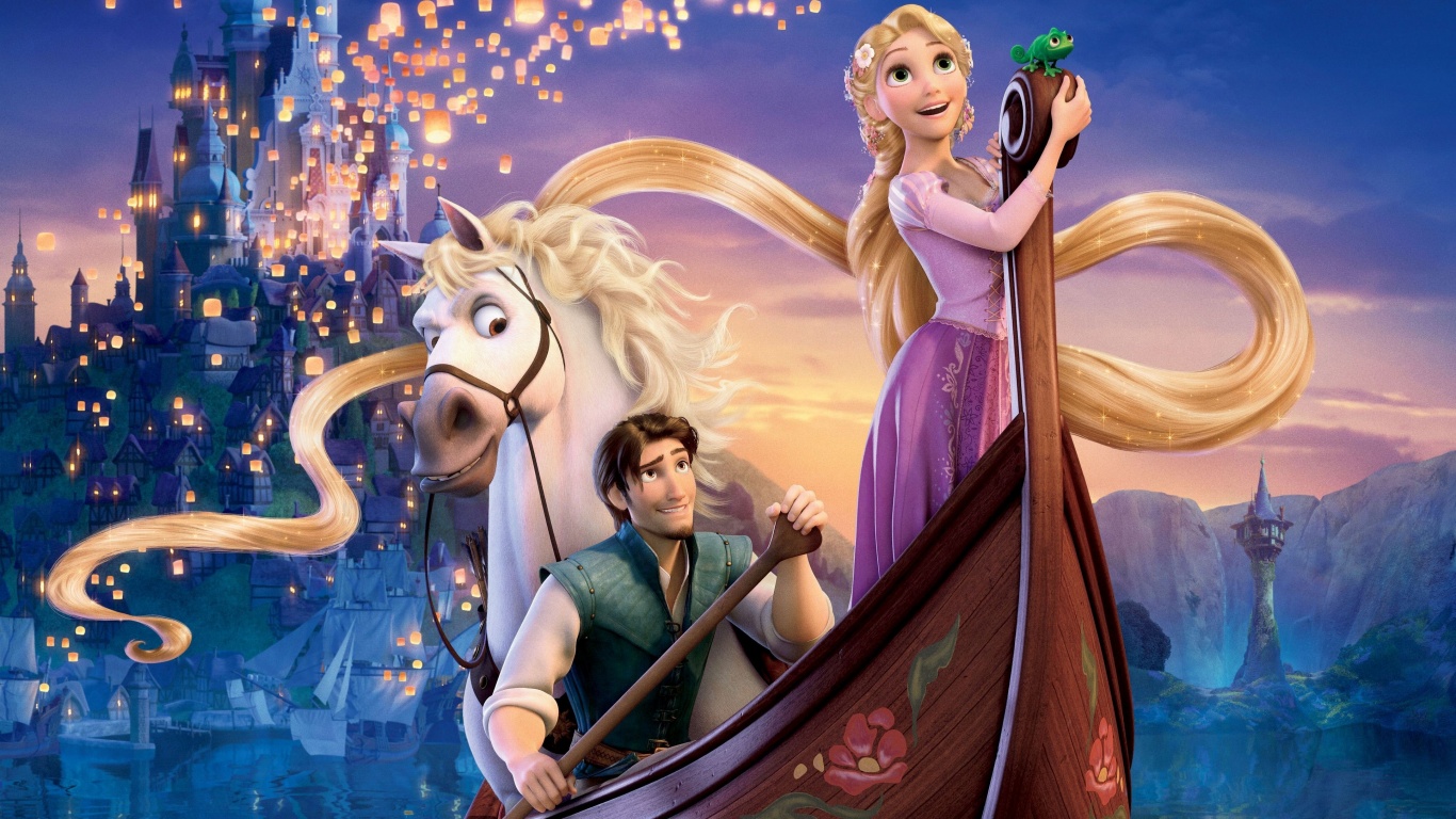 Рапунцель и Флин на лодке обои