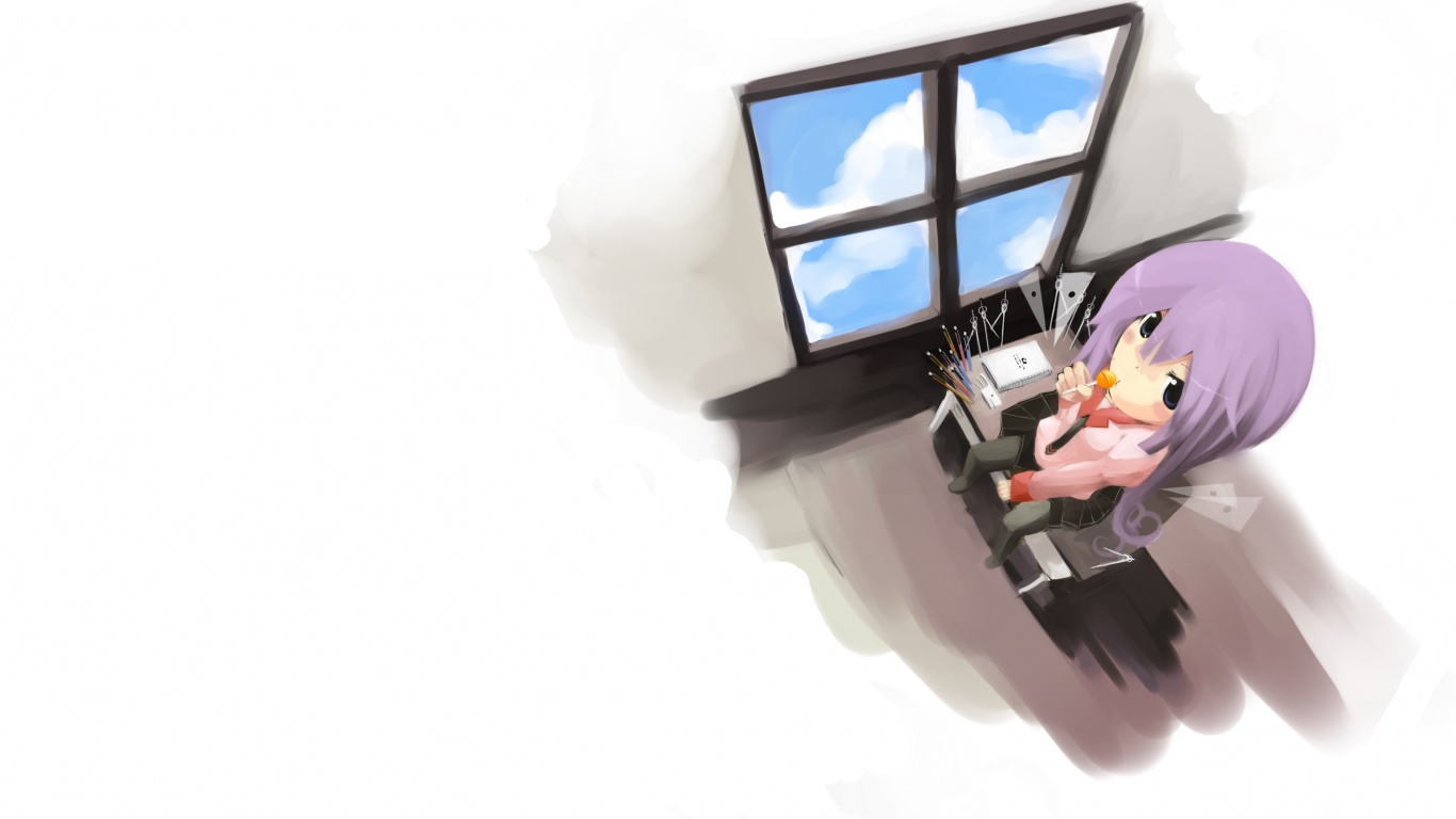 Школница с конфетой у окна обои