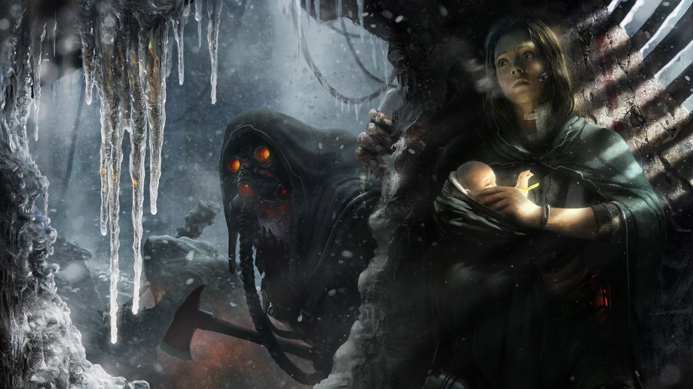 Девушка с ребенком прячется от монстра обои