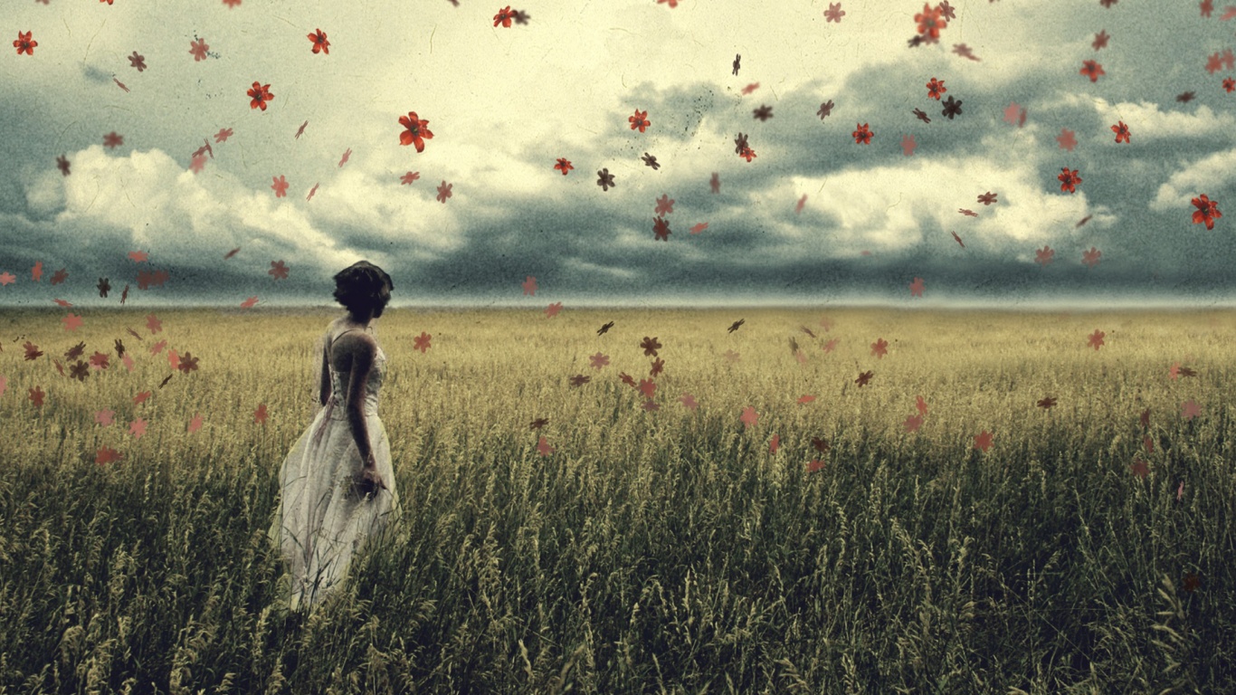 Грустная девушка в поле травы обои