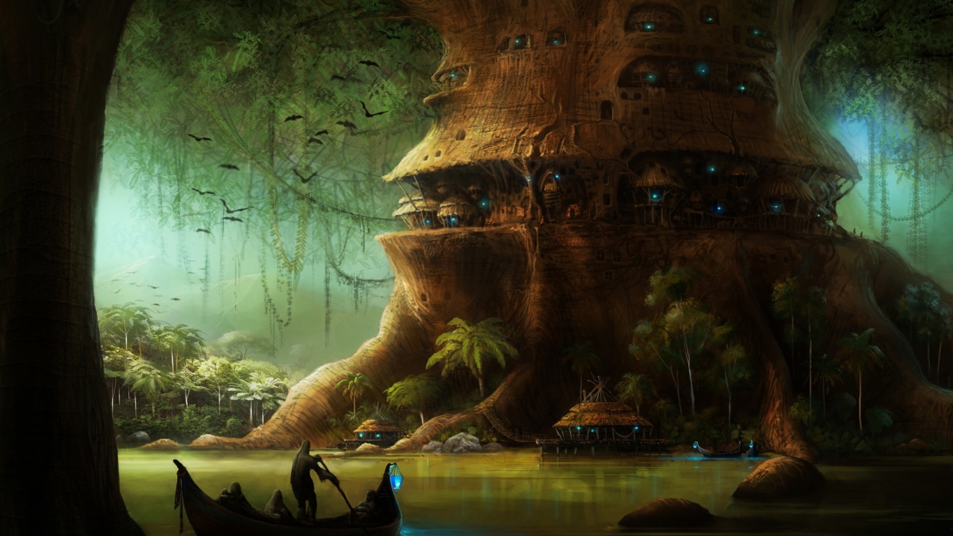 Город в стволе дерева обои