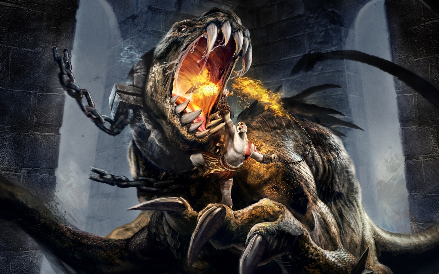 Кратос против динозавра обои