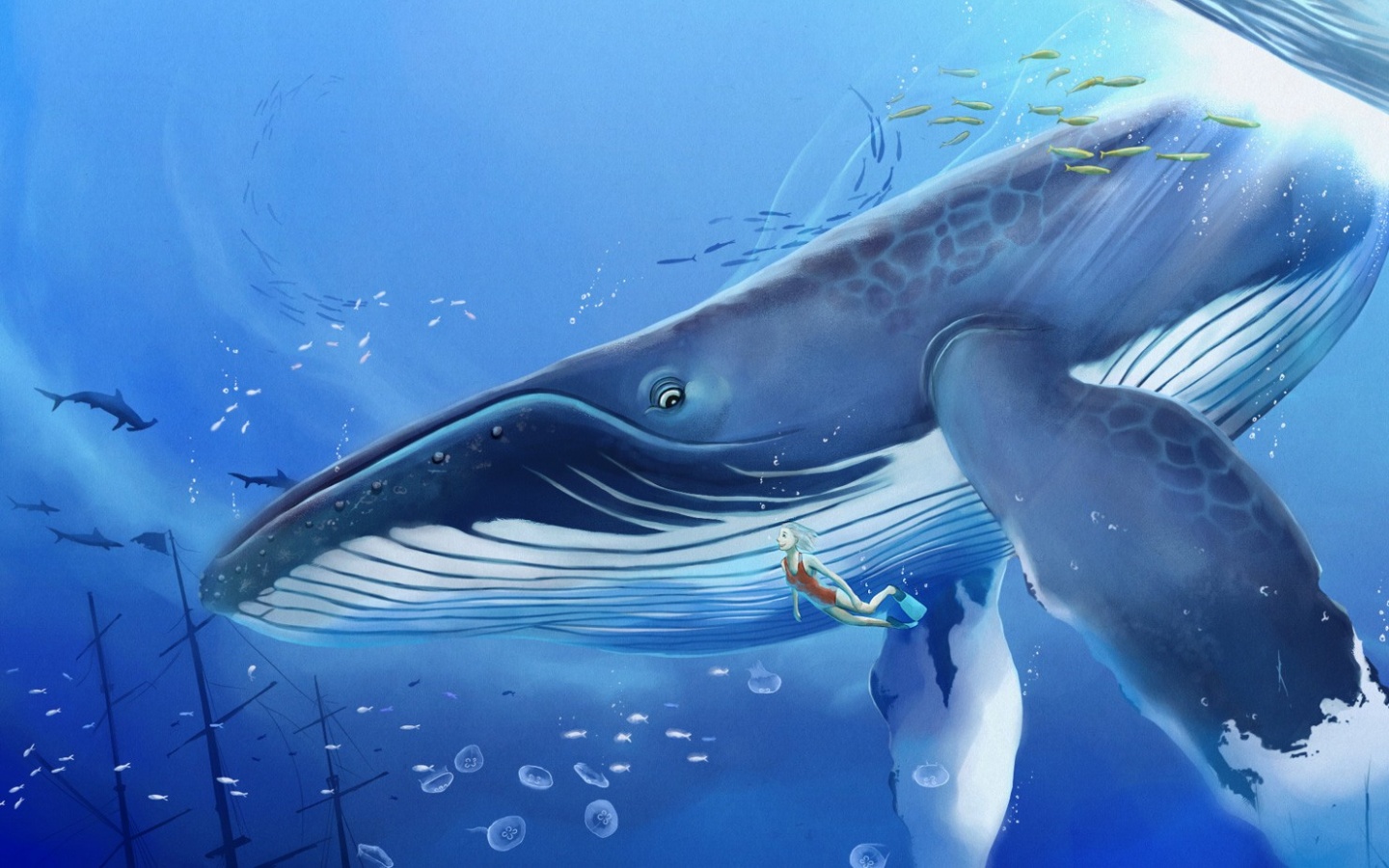 Кит и девушка обои