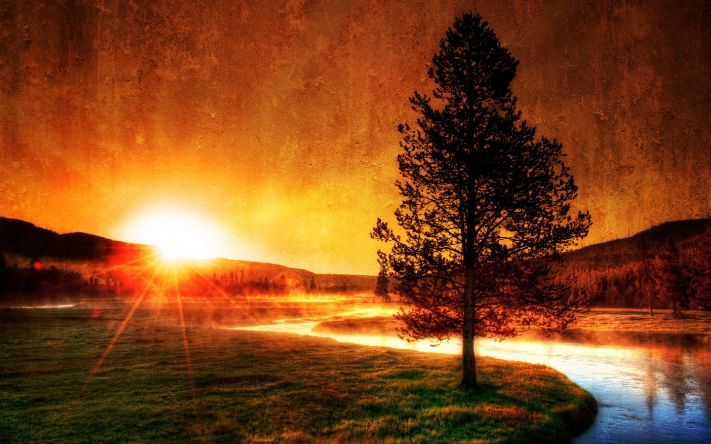 Закат за речкой обои