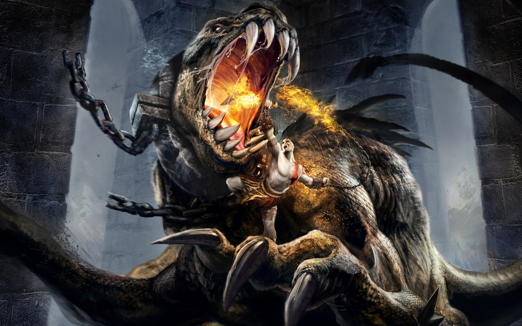 Кратос против динозавра обои