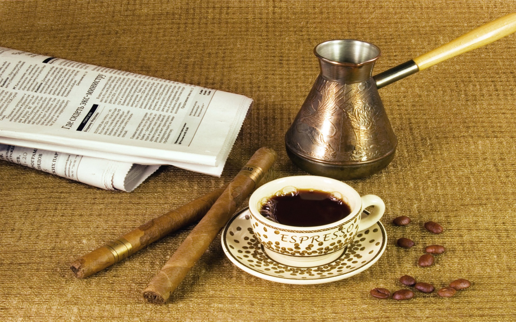 Утренний кофе, газета и сигары обои