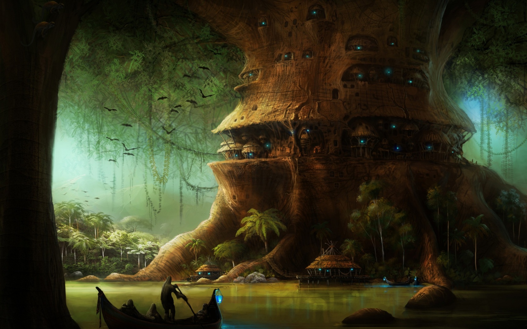 Город в стволе дерева обои