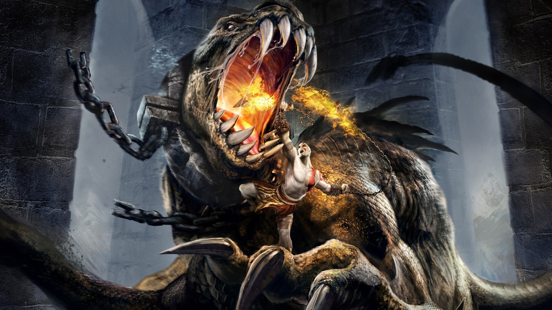 Кратос против динозавра обои