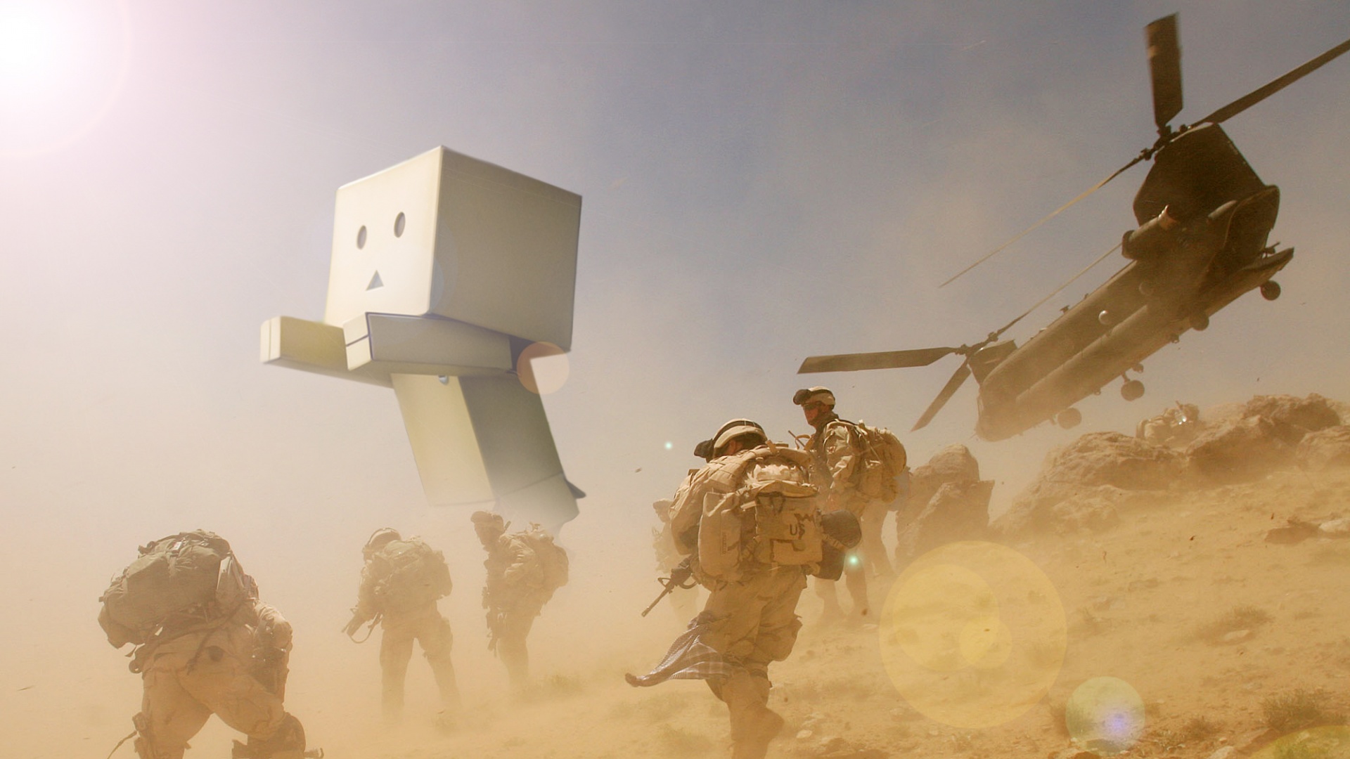 Картонный человек среди солдат обои