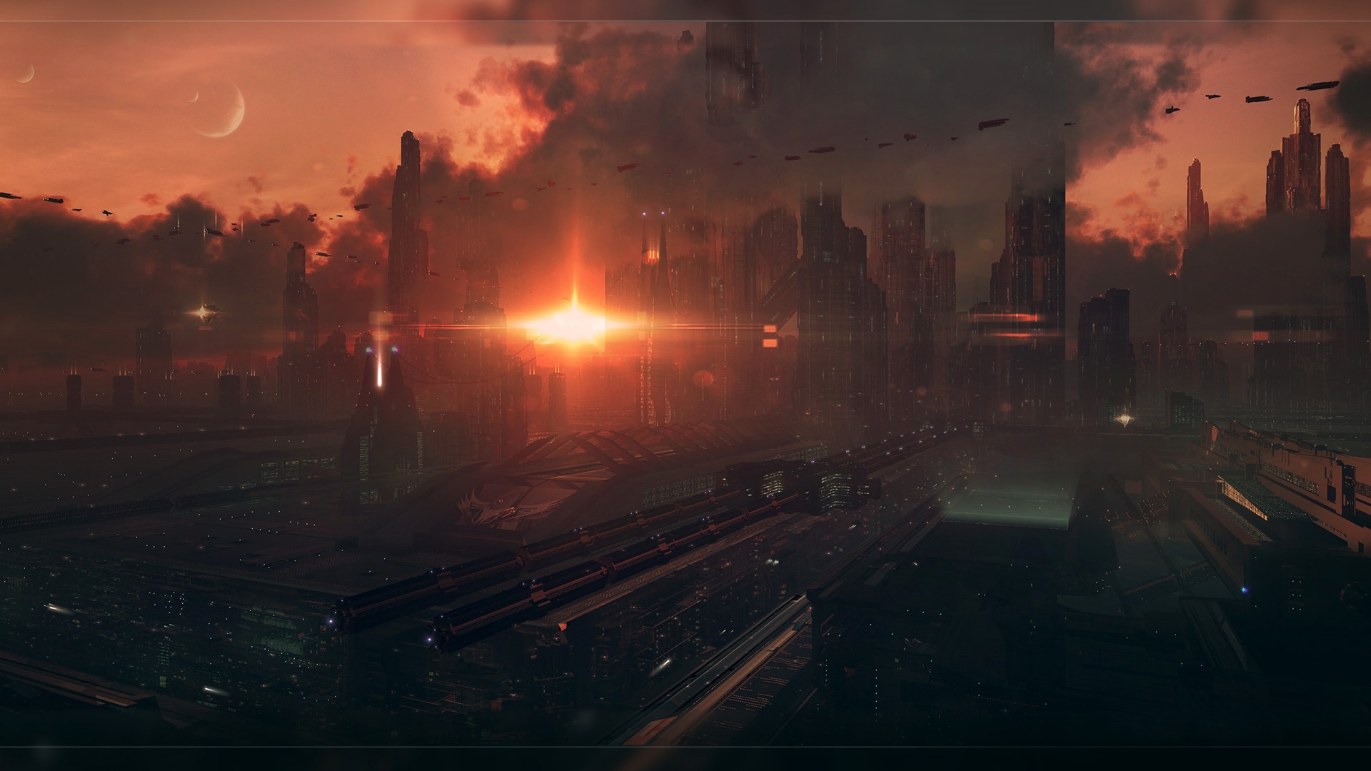 Закат в инопланетном городе обои