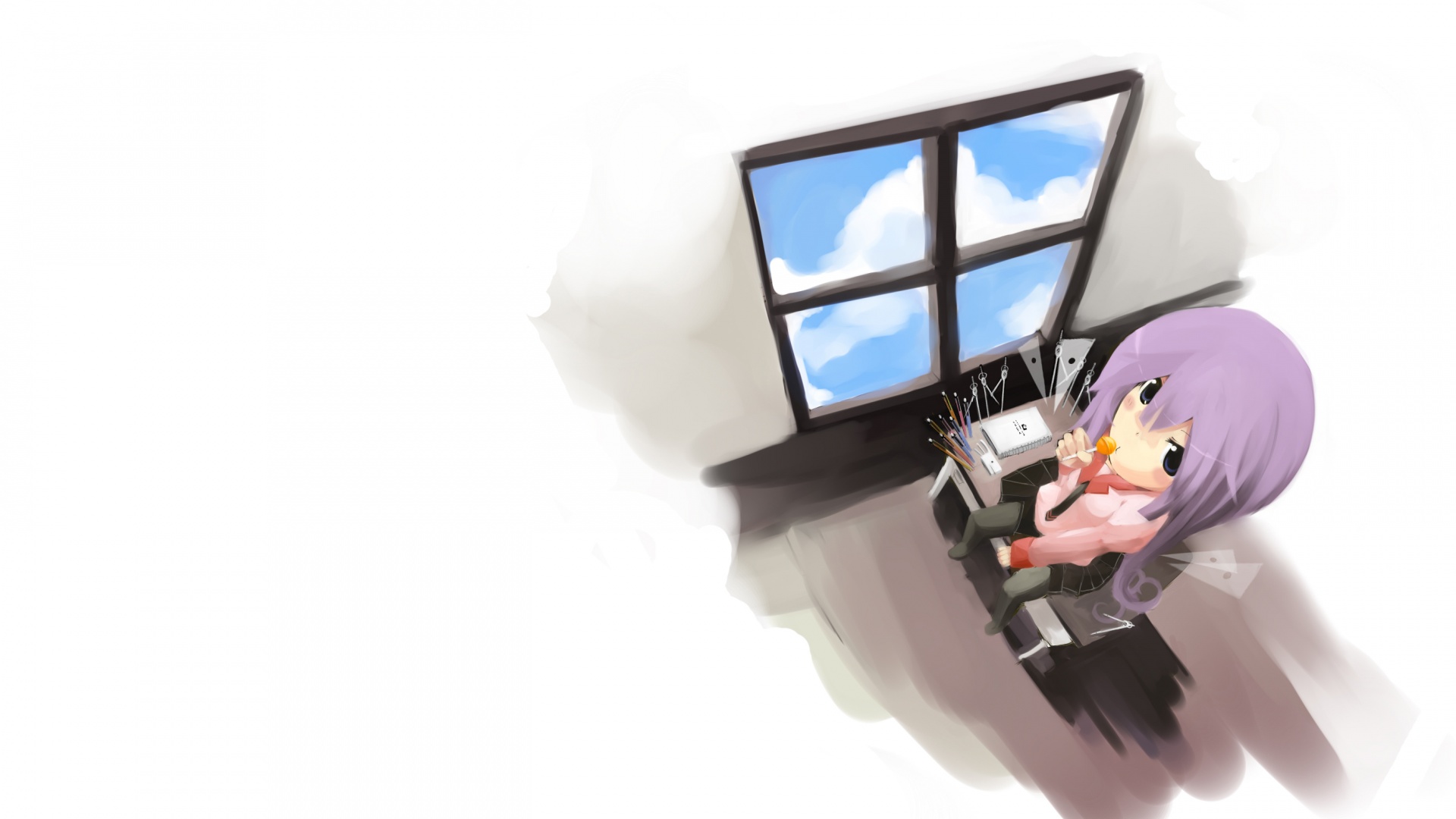 Школница с конфетой у окна обои