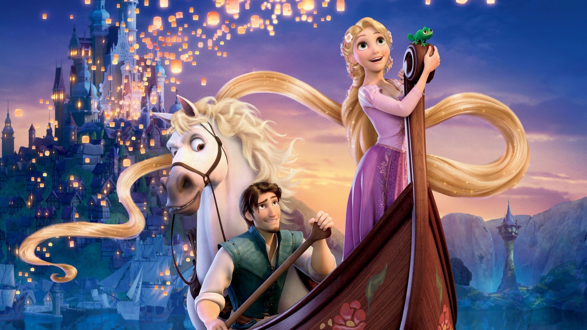 Рапунцель принц и конь в лодке обои