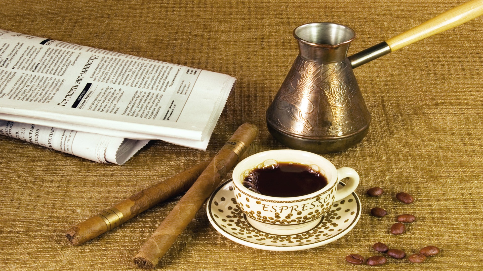 Утренний кофе, газета и сигары обои