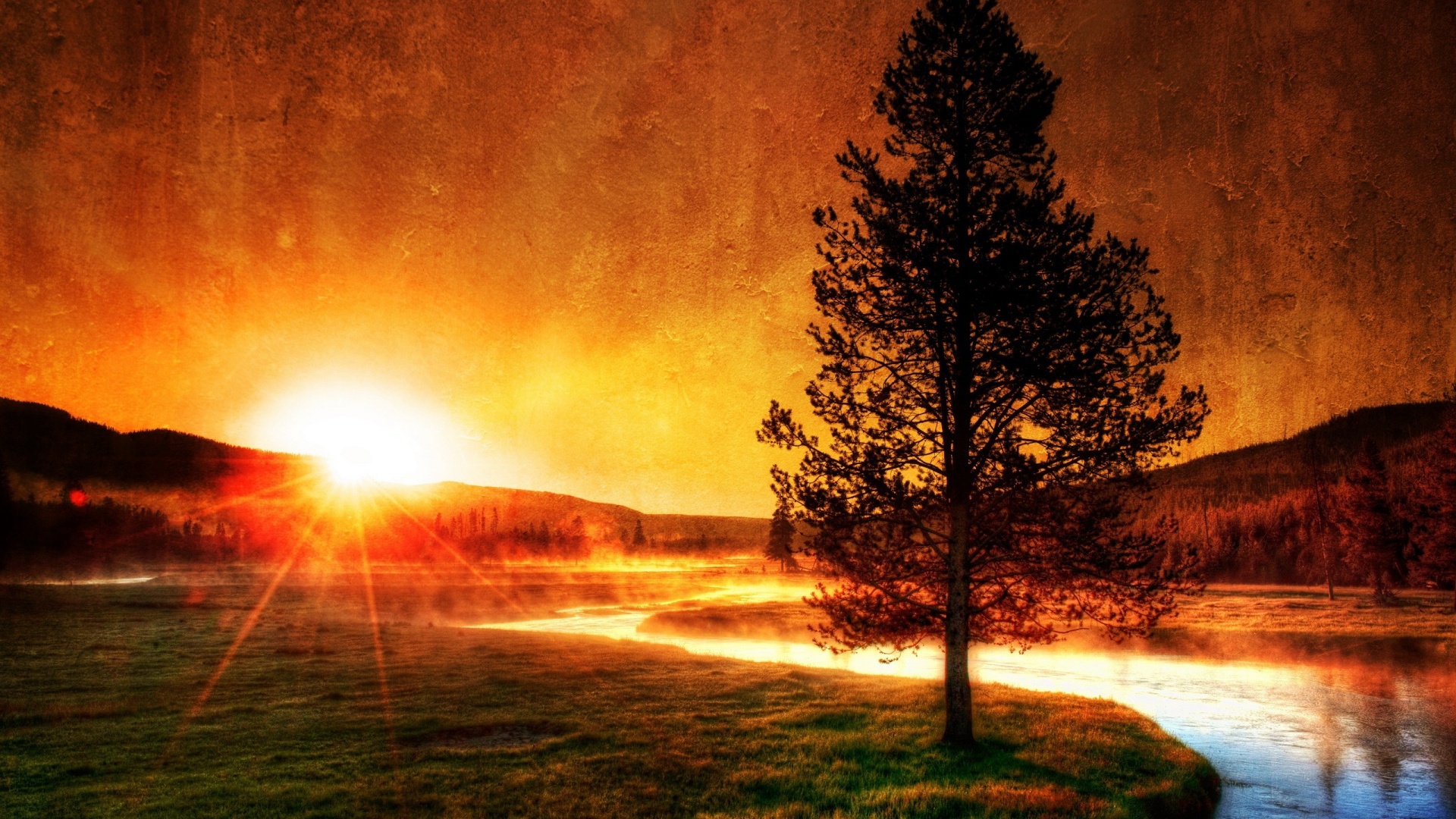 Закат за речкой обои