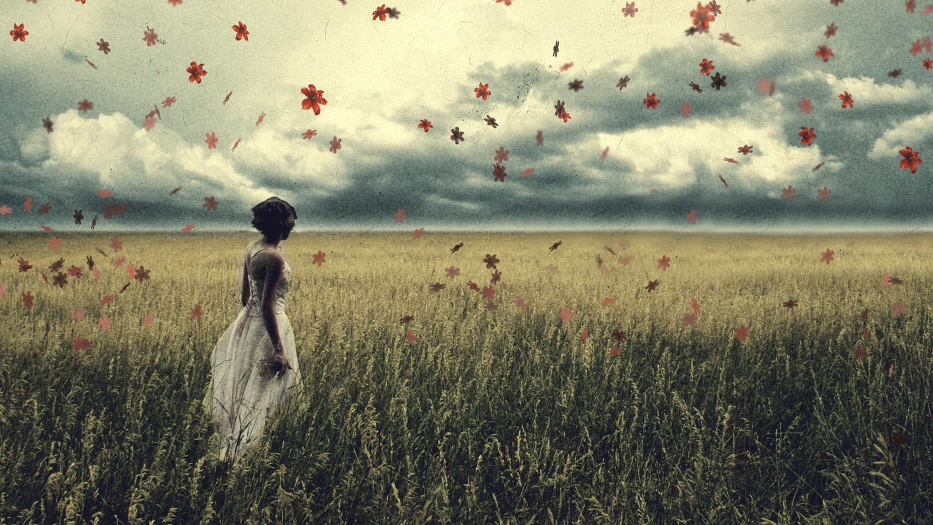 Грустная девушка в поле травы обои