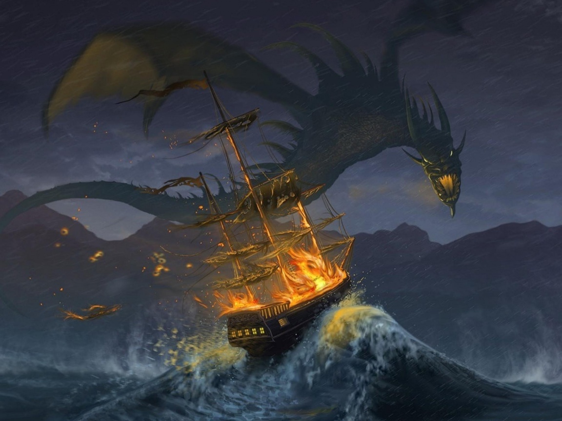 Дракон нападает на корабль обои