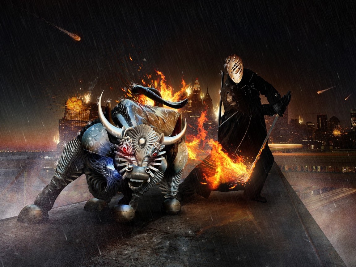 Воин и бык на крыше обои