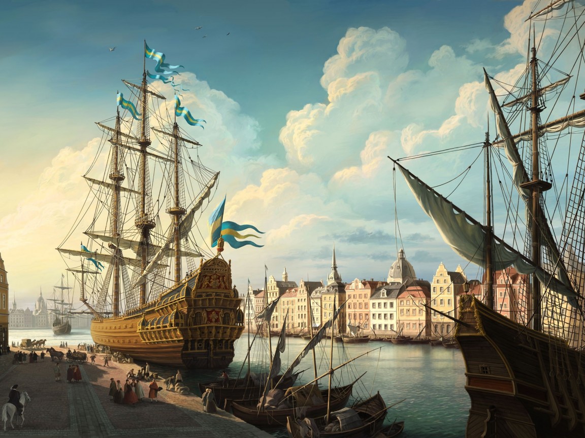 Парусник на набережной обои