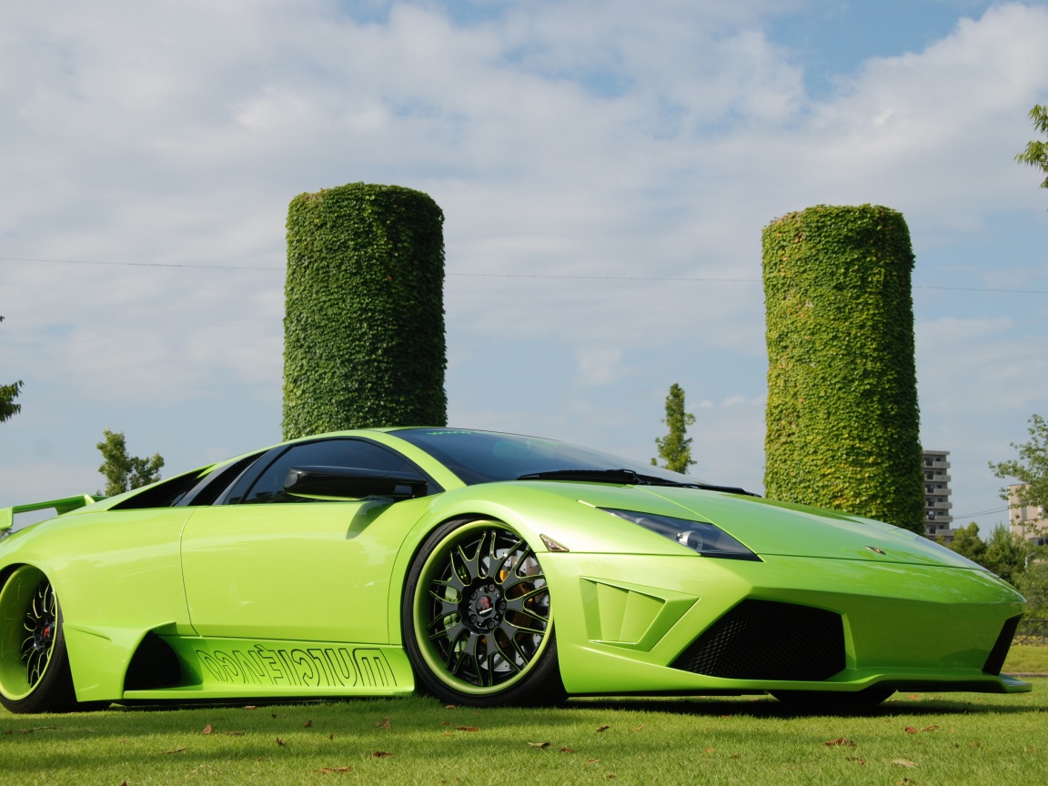 Зелёный Ламборджини на траве обои
