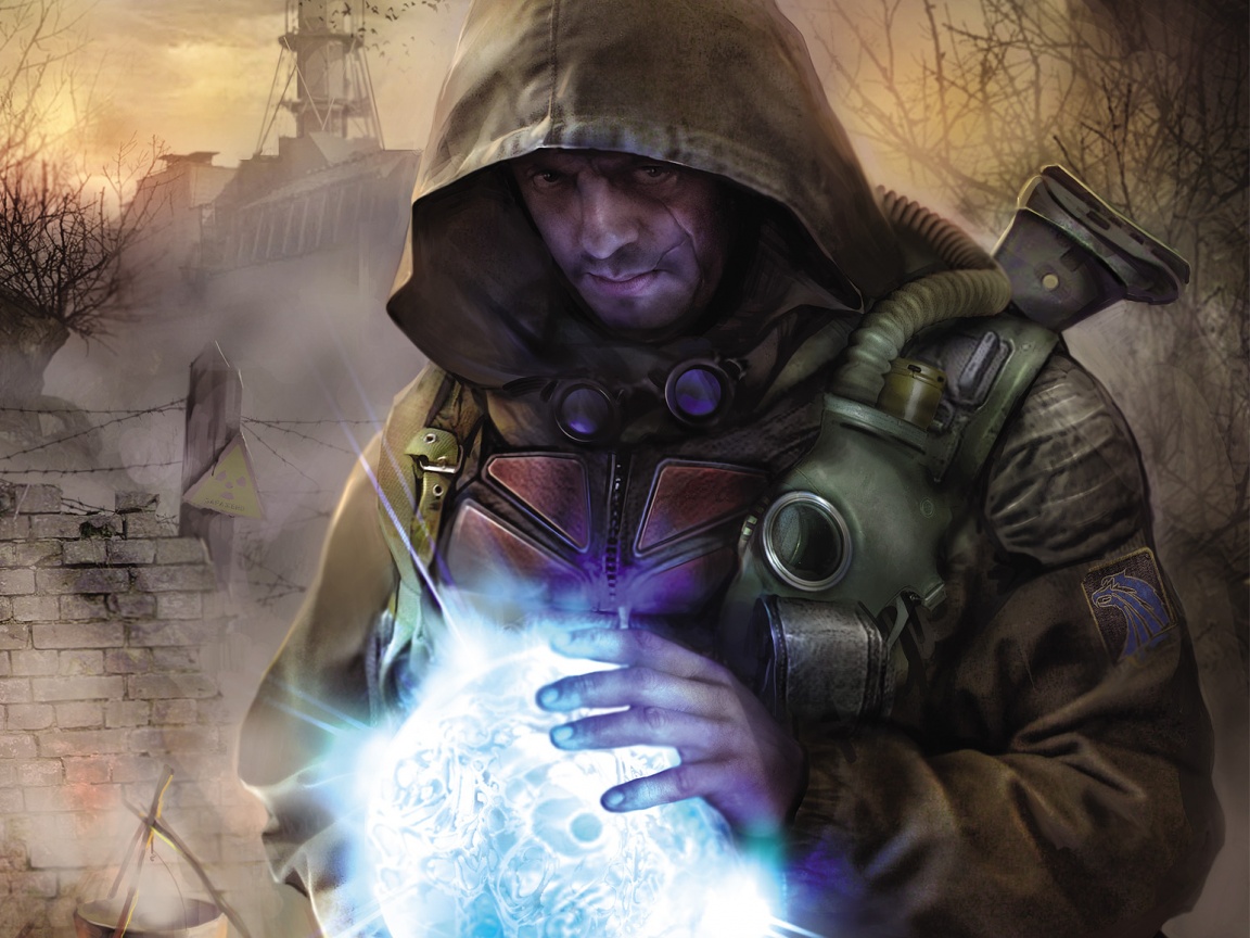 Сталкер с энергетическим артефактом в руках обои