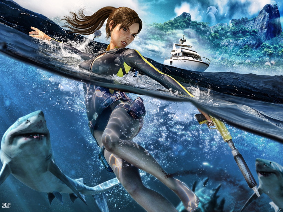 Лара Крофт против акул обои