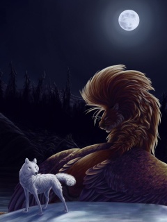 Волк и лев при луне обои
