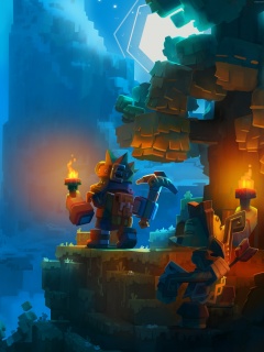 Парень с киркой и факелом смотрит в даль обои