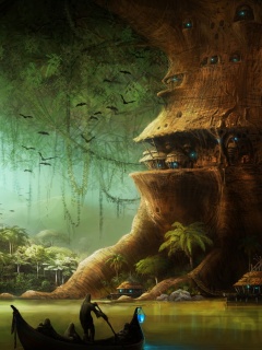 Город в стволе дерева обои