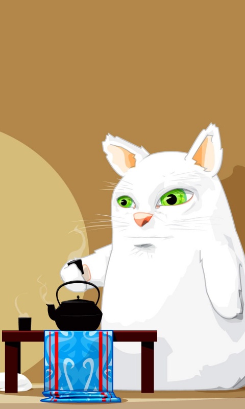 Кот пьет чай обои