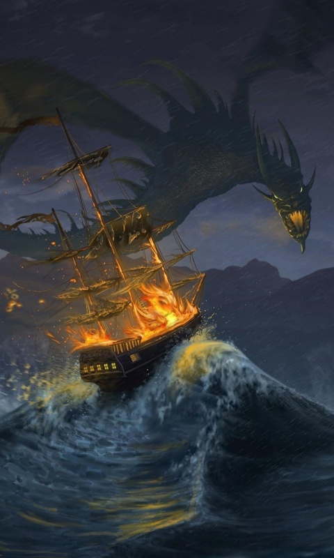 Дракон нападает на корабль обои