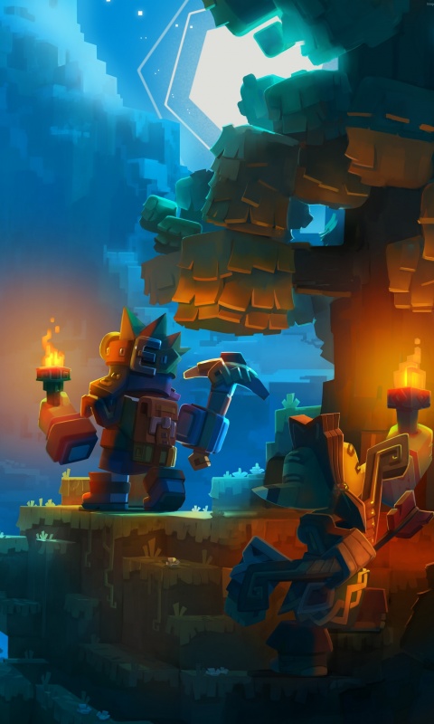 Парень с киркой и факелом смотрит в даль обои