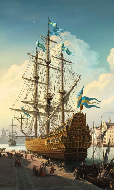 Парусник на набережной обои